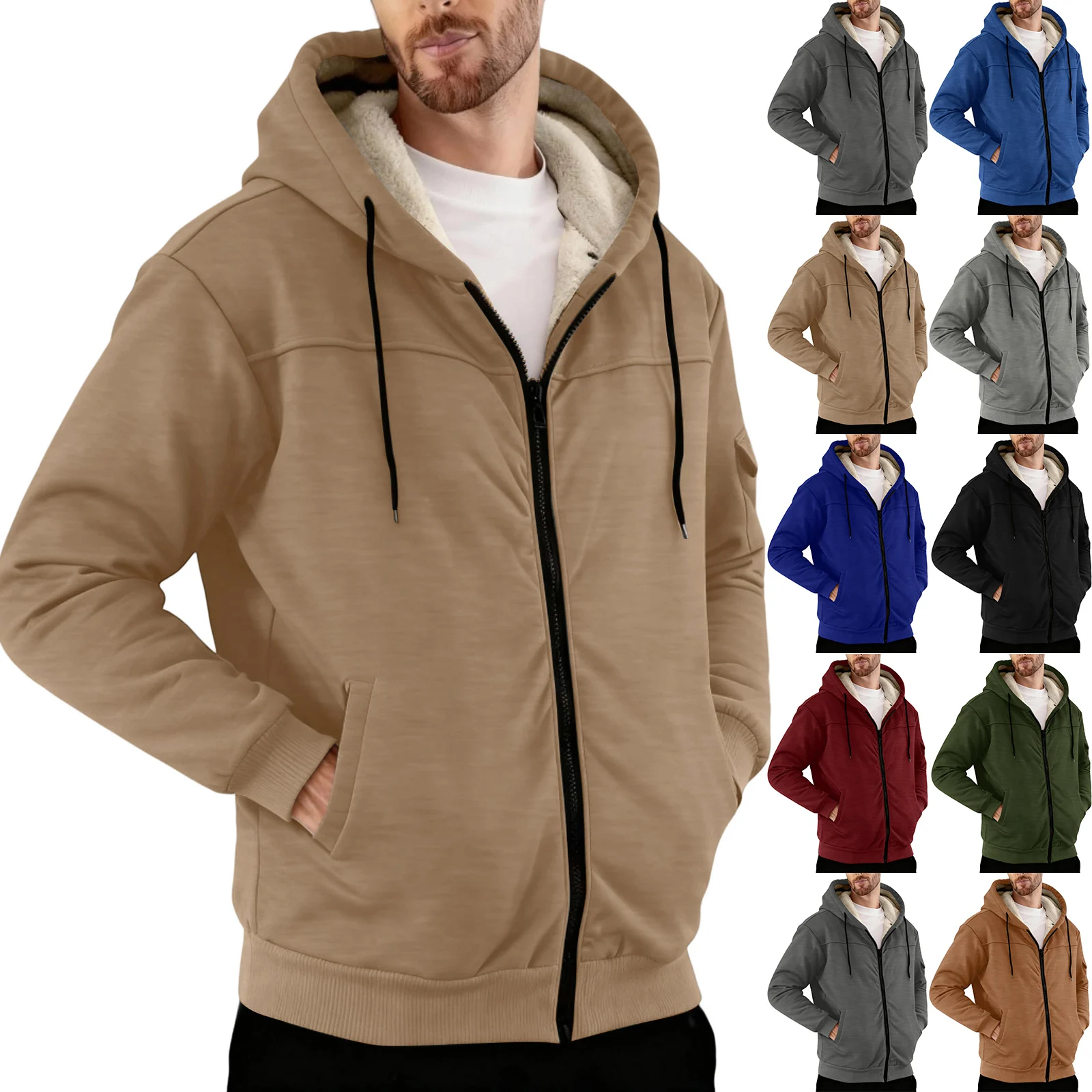

Men's Solid Color Fleece Lined Zip Up Pocket Hooded Sweatshirt Cardigan Men's Casual Sweatshirt Cardigan Long Sleeve Tops