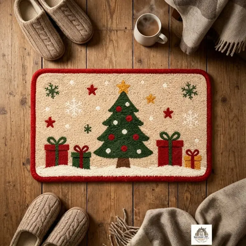 VIKAMA Xmas Tree Small Area Rug Soft Washable Non Slip Snowflake Gift Box Star Cream Carpet for Bedroom Christmas Holiday Decor