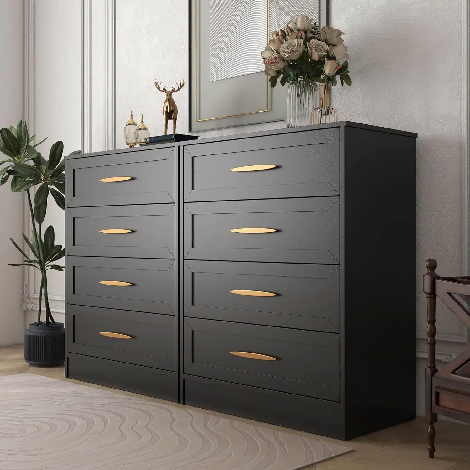 4-Drawer Dressers Set of 2 Black Chest of Drawers with Gold Handle & Wide Drawers 35.8