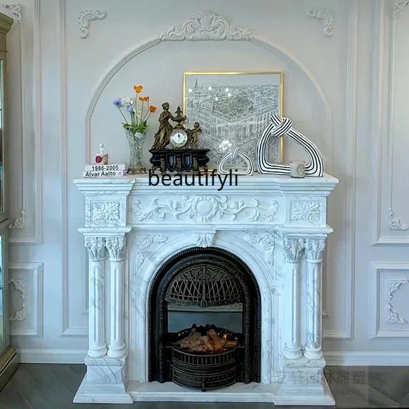 T Marble Fangshan white marble mantel, French European-style villa living room stone carving decorative cabinet