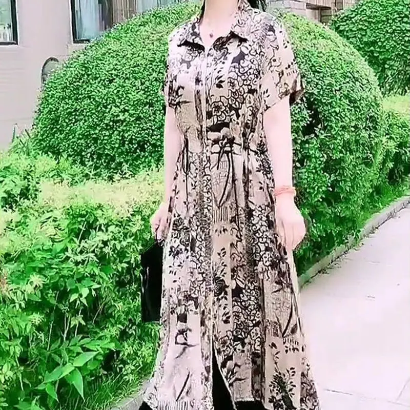 Vintage Printed Single-breasted Midi Dress Casual Turn-down Collar Fashion Drawstring 2023 Summer Female Clothing A-Line Dresses