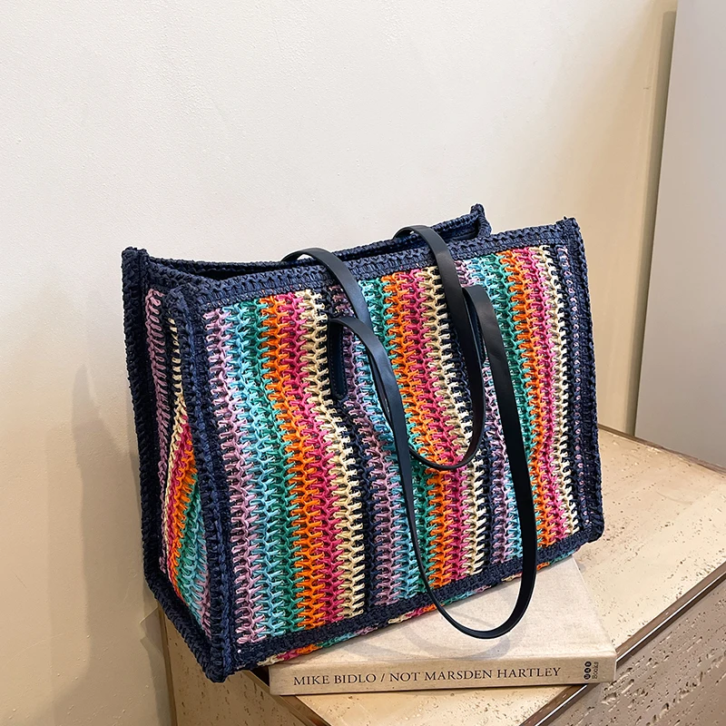 

2025 New Large Capacity Straw Beach Bag Large Capacity Summer Shoulder Bag For Women Designer Striped Handbag Travel Totes