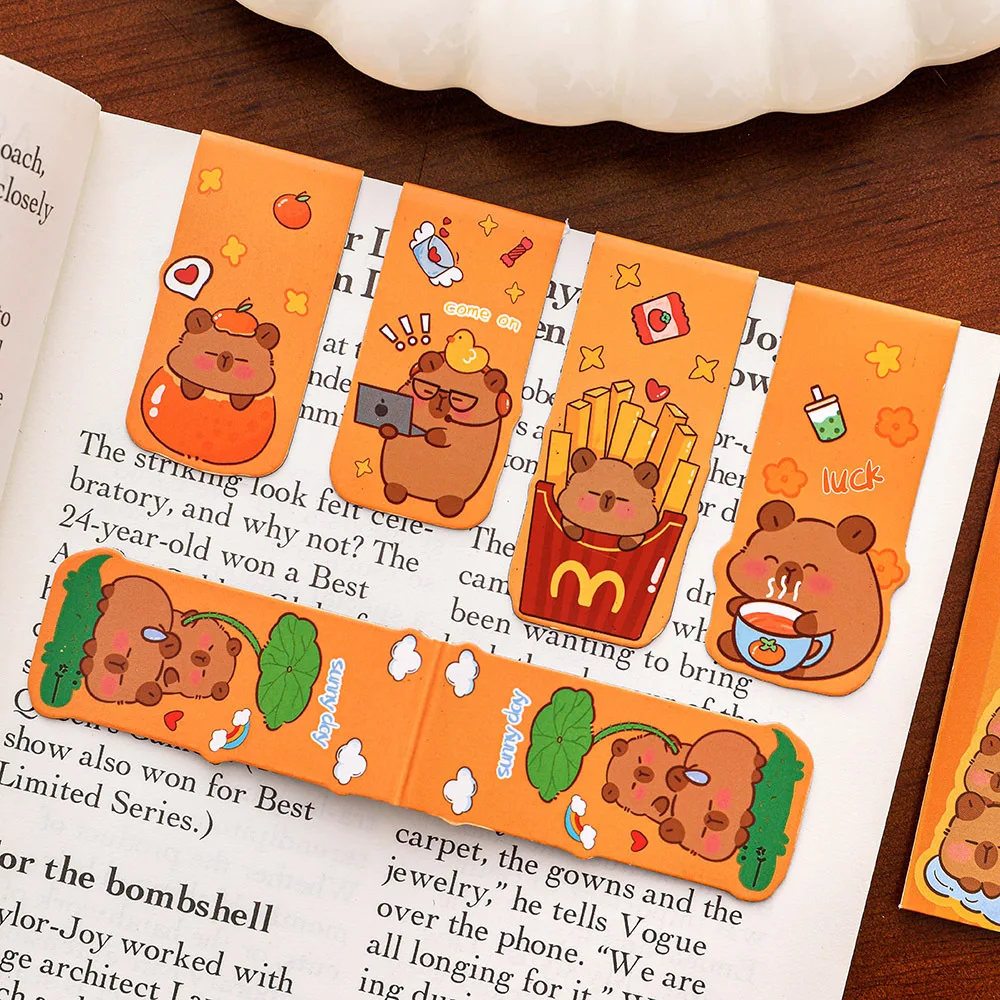 12 Set Magnetic Bookmark Ins Cute Double Reading Page Clip Cartoon Capybara Bookmark Learning Stationery
