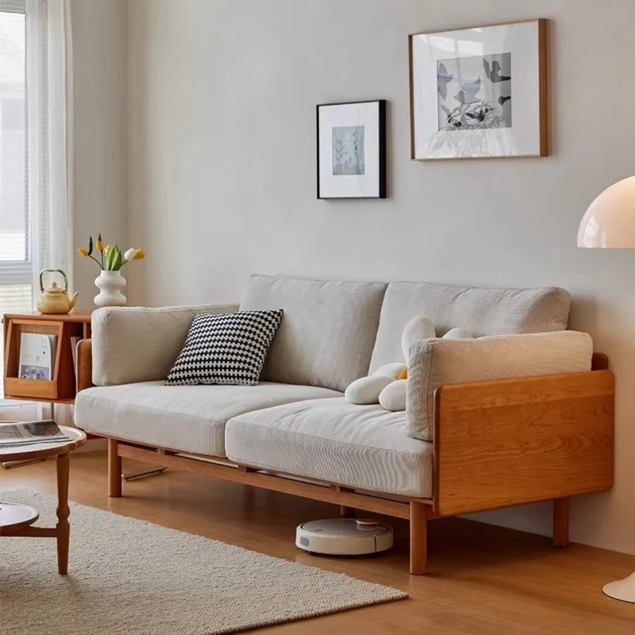

Sofa Solid wood Cherry wood Simple modern solid wood living room Small apartment single three person fabric