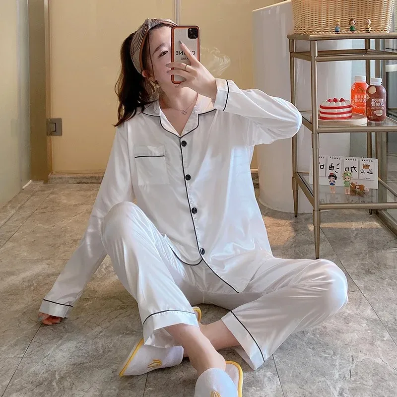 

Lady Spring Autumn Thin Piece Set Female Sleepwear Pajamas Silk Like Collar Long Sleeve Homewear Solid Color Women Casual Use