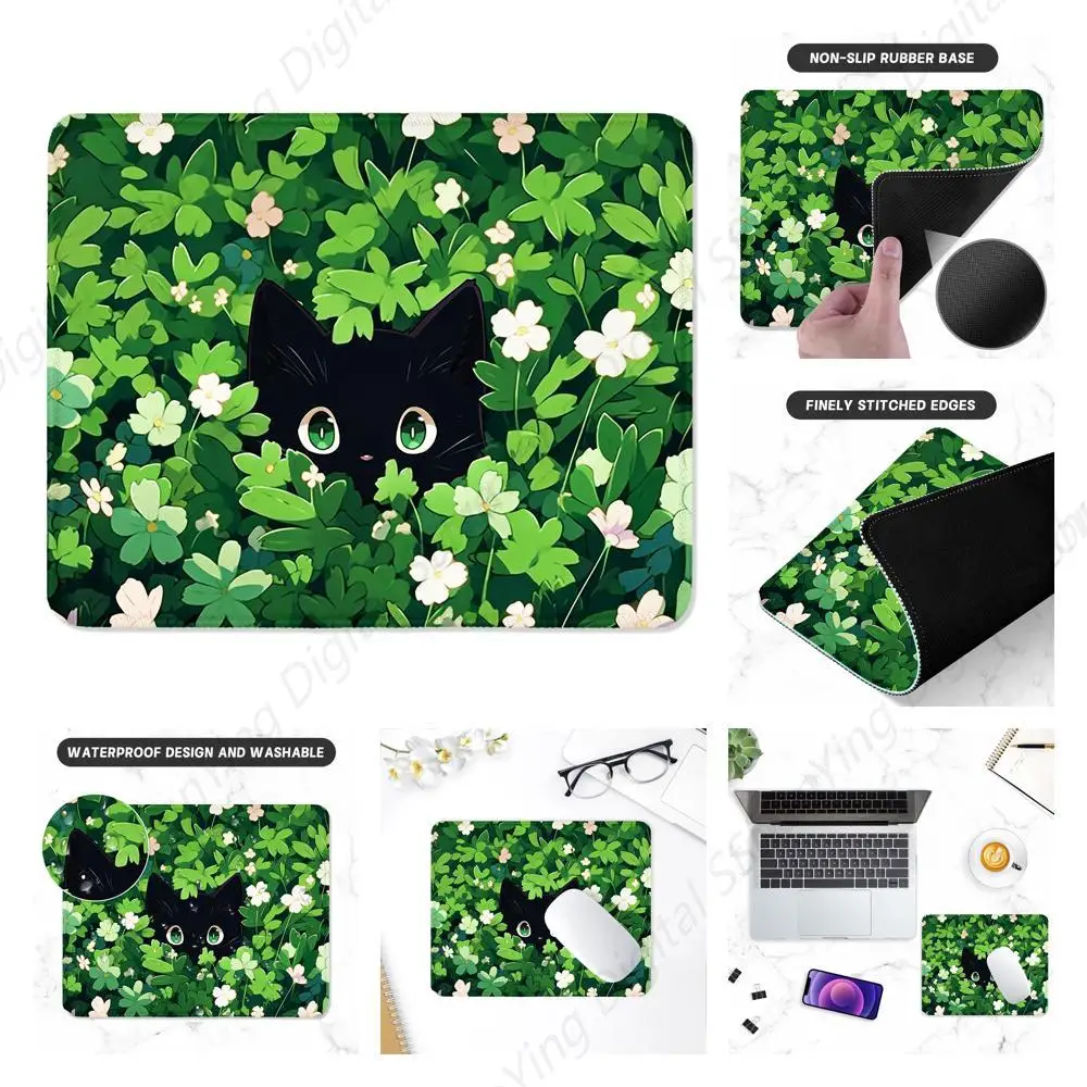 Green Leave Cat Gaming Mouse Pad With Anti Slip Rubber Base And Stitched Edges Suitable For Laptop Office Use 25*30cm