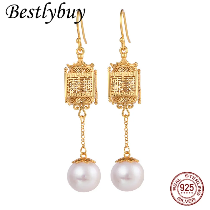 

S925 Pure Silver Gold-plated Octagonal Palace Lantern With Long Tassels Natural Freshwater Pearls Elegant Earrings For Women