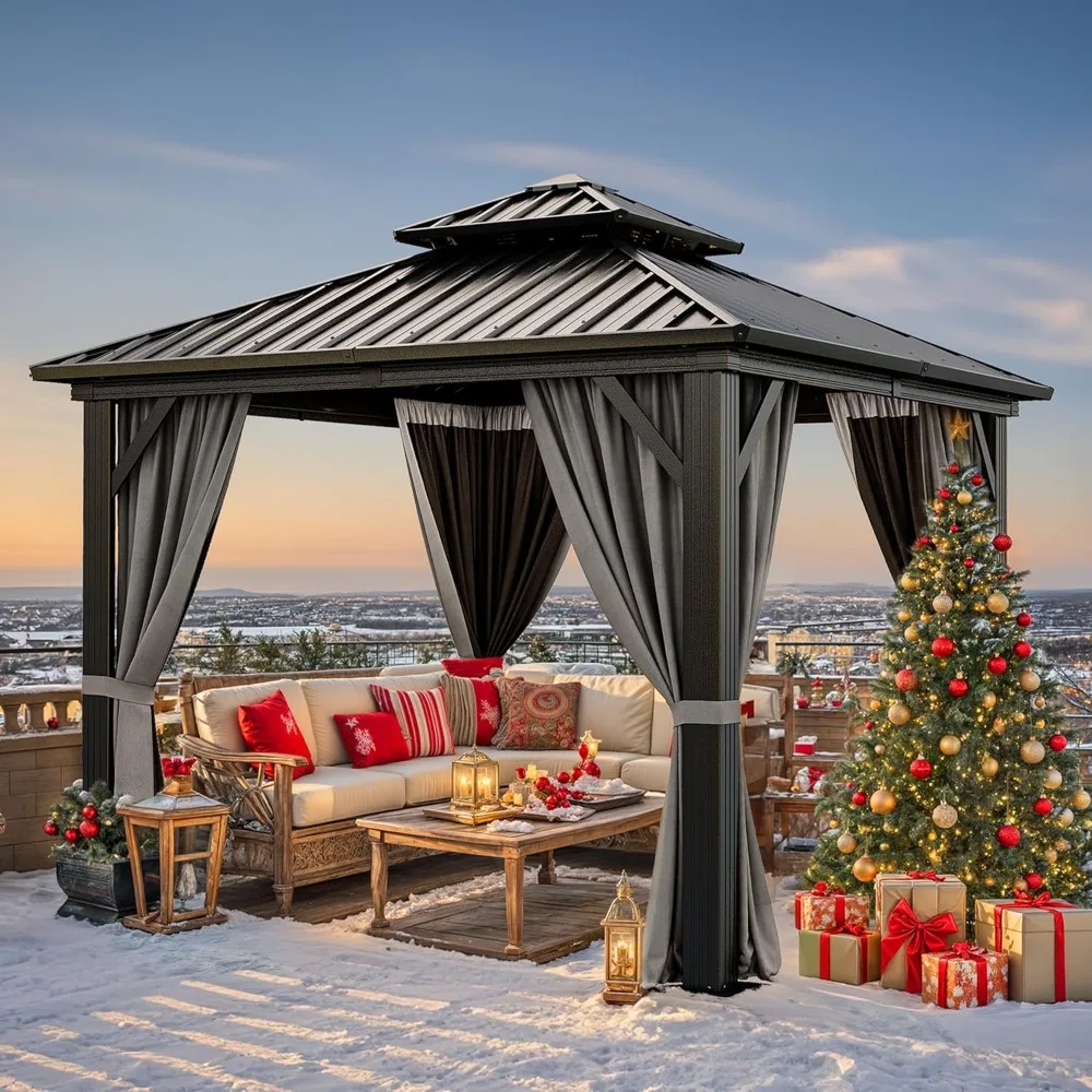 

10x10ft Hardtop Gazebo with Nettings and Curtains, Heavy Duty Double Roof Galvanized Steel Outdoor Combined of Vertical Stripes