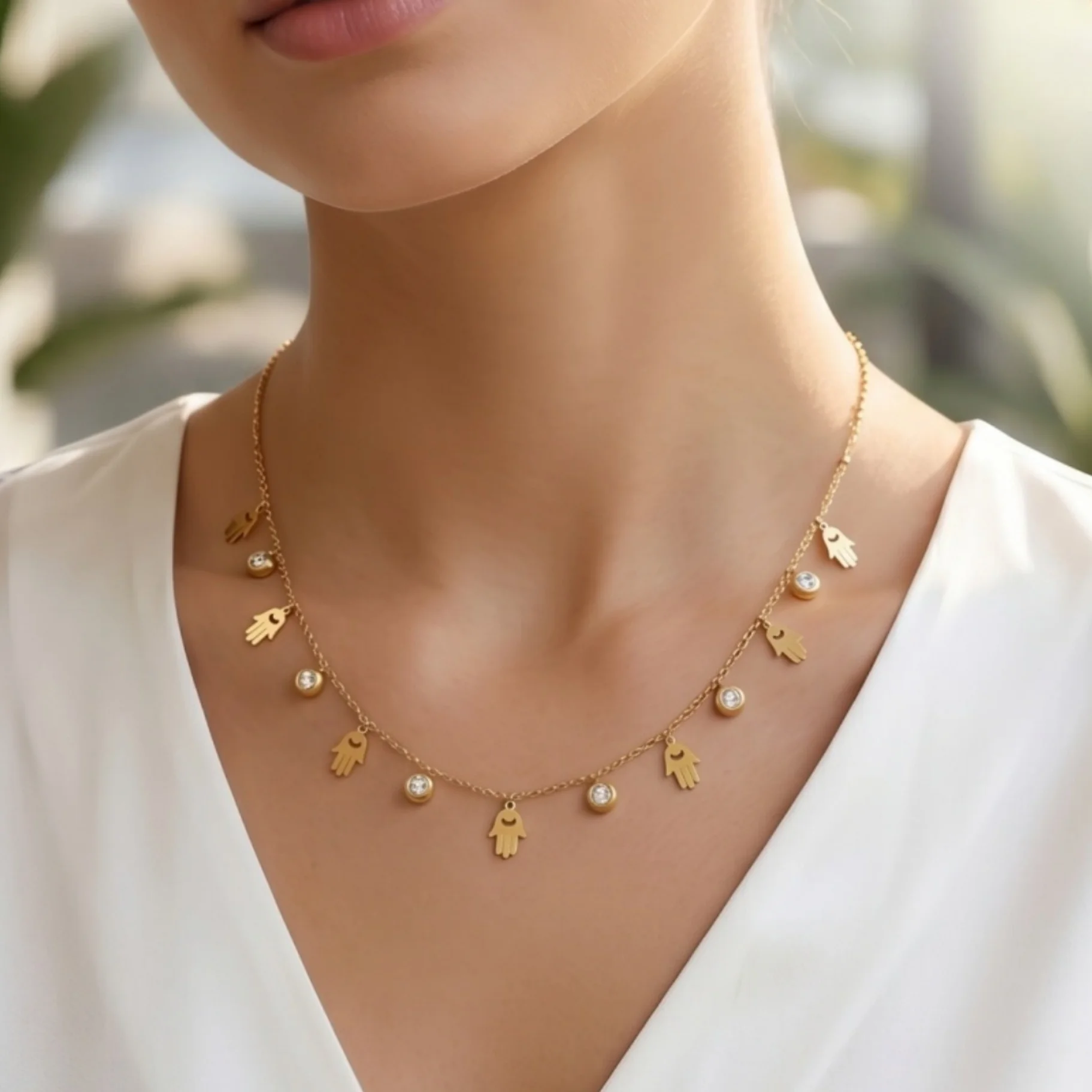 Multi Charms Hamsa Hand Crystal Necklace, Multi Pendants Thin Chain Ethnic Stackable Jewelry For Women