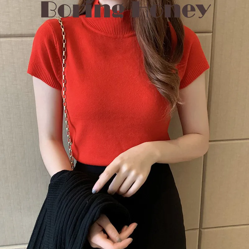 Boring Honey Summer Clothes For Women Base Shirt Knitted Top Mock Neck Slim Basic Short Sleeves Pure Colours Thin Women's Tshirt