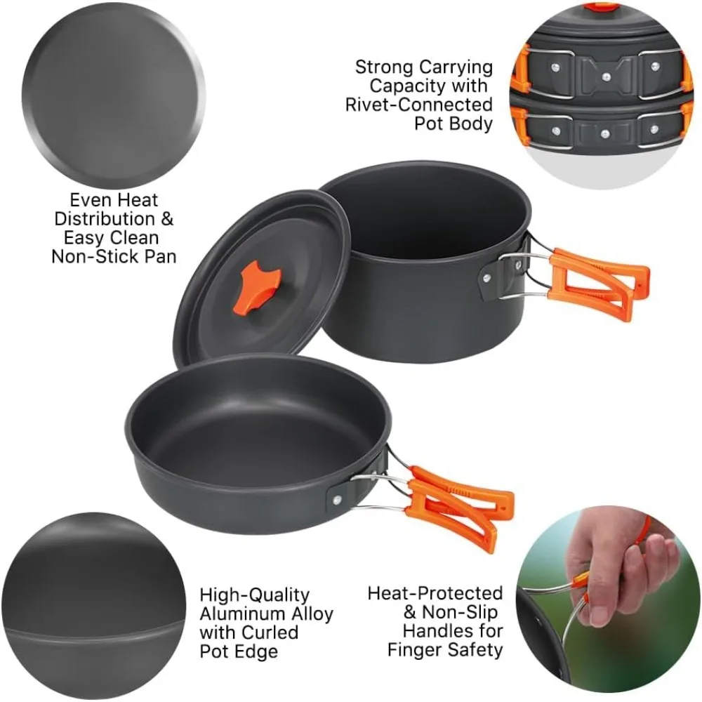 10 Pcs Stackable Cookware Set Compact Storage Bag Included Cooking Gear Aluminum Alloy Stainless Steel Camping Mess Kit Hiking