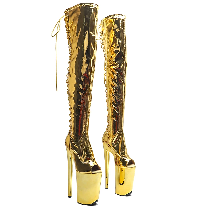 Leecabe   23CM/9inches Shiny  PU  Upper fashion  lady open toe  High Heel platform stripper heel  Pole Dance boots