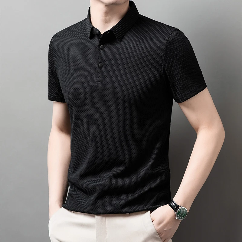 Men's Bone Flower Solid Color Polo Shirt Business Casual Short Sleeve Summer Breathable Versatile Top