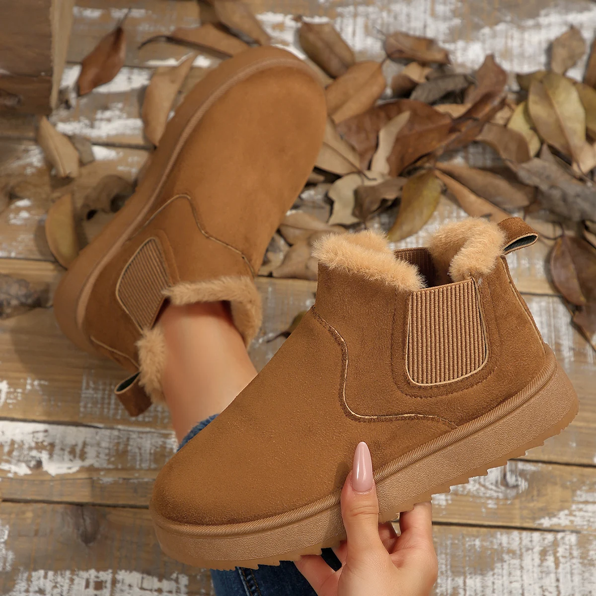 Women Fleece Lined Ankle Snow Boots Elastic Slip On Platform Anti-slip Warm Winter Fuzzy Collar Plush Casual Short Ankle Boots