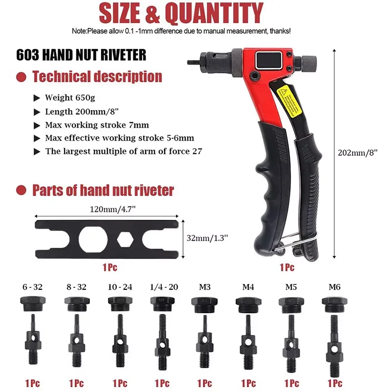 SUBAO Rivet BT603 hand thread rivet nut gun,rivet nut tool, rivet nut tool m3 / M4 / M5 / M6 metric and English alphabetic shaft