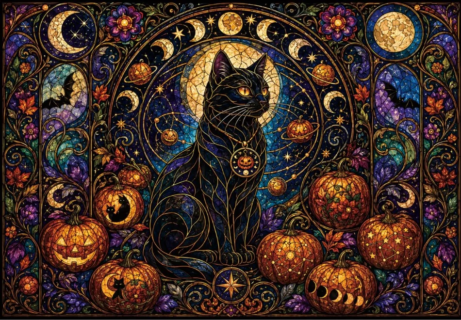 500/1000/1200/2000PCS Jigsaw Puzzle Halloween Stained Glass Black Cat Jack O Lantern Moon Phase Bat Cosmic Pattern Puzzle Gift