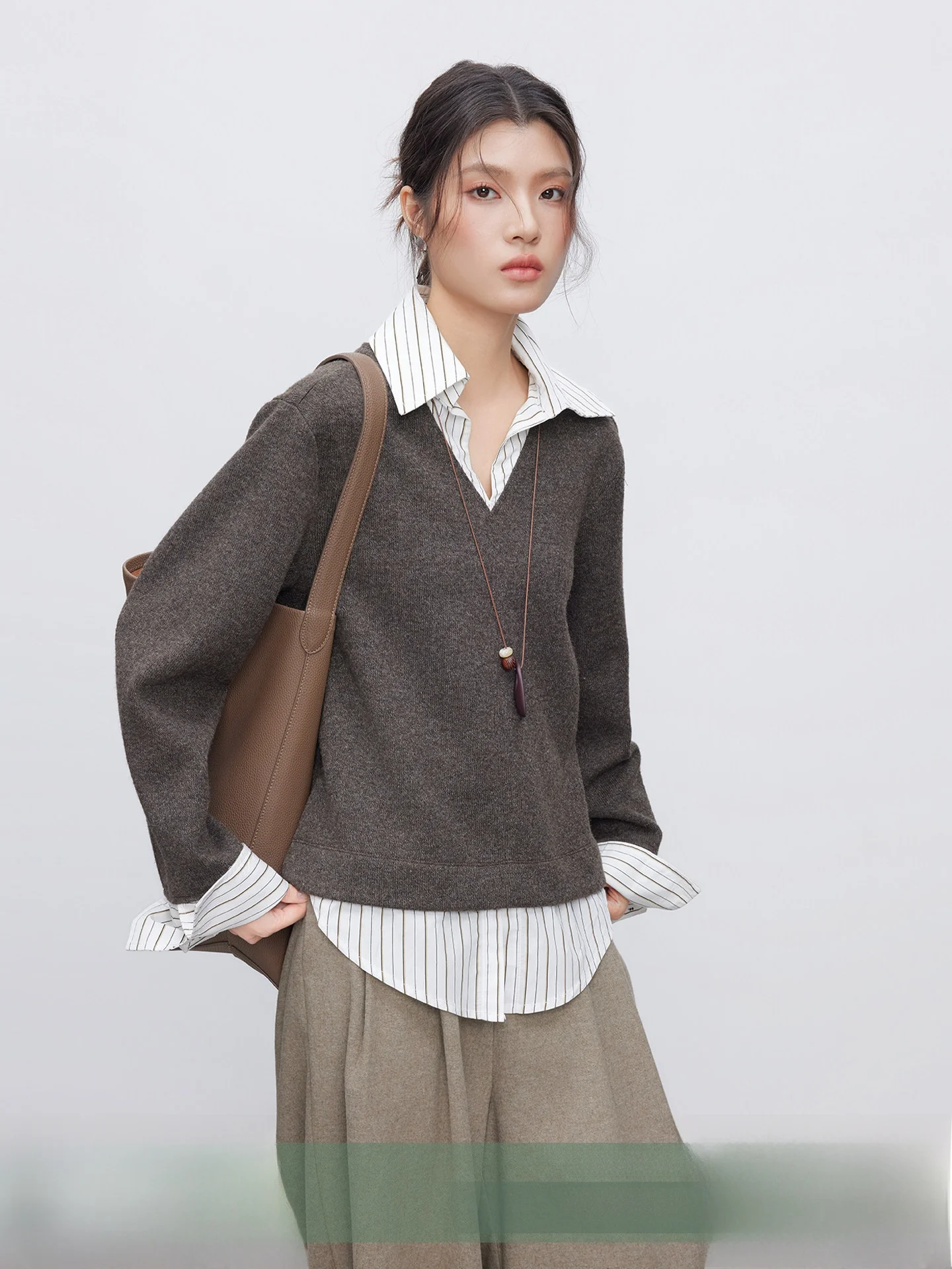 

KEARA Brown Knitted Long Sve irt Korean Sle Casual Loose Fit Fake Two-Piece Commute Friendly Breathable Polyester Fiber