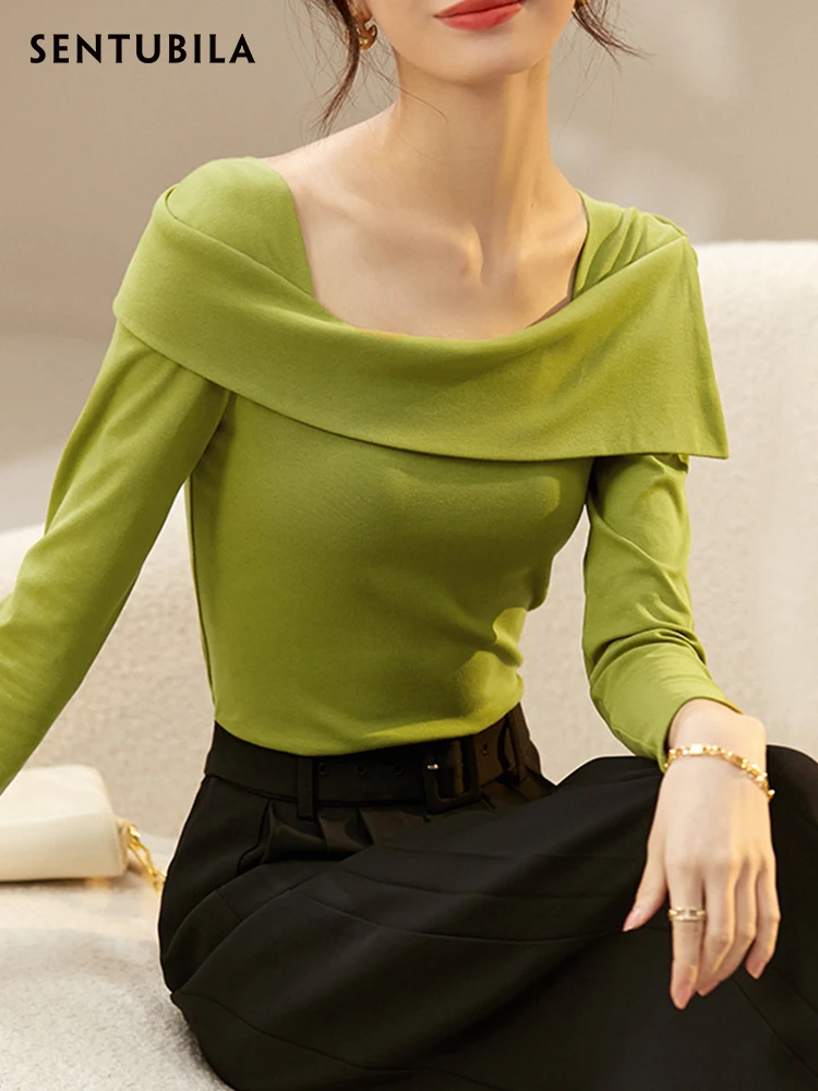 SENTUBILA Green T Shirts for Women 2024 Spring Korean Fashion Square Collar Long Sleeve Tops Pullovers Elegant Knitted Tshirt