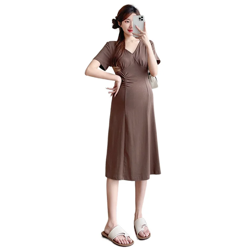 

Summer New Fashionable and Elegant Pregnant Women's Mid length Dress V-neck Maternity Clothings Women's Dress Mother & Kids