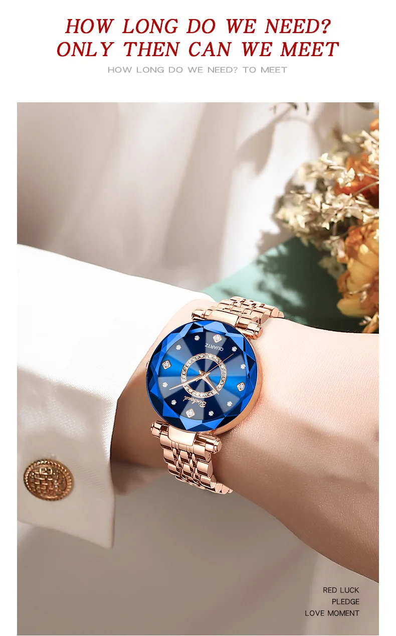 

Elegant Heart of The Ocean Starry Sky Sparkling Multi Edged Glass Solid Precision Steel Strip Women's Waterproof Wrist Watch