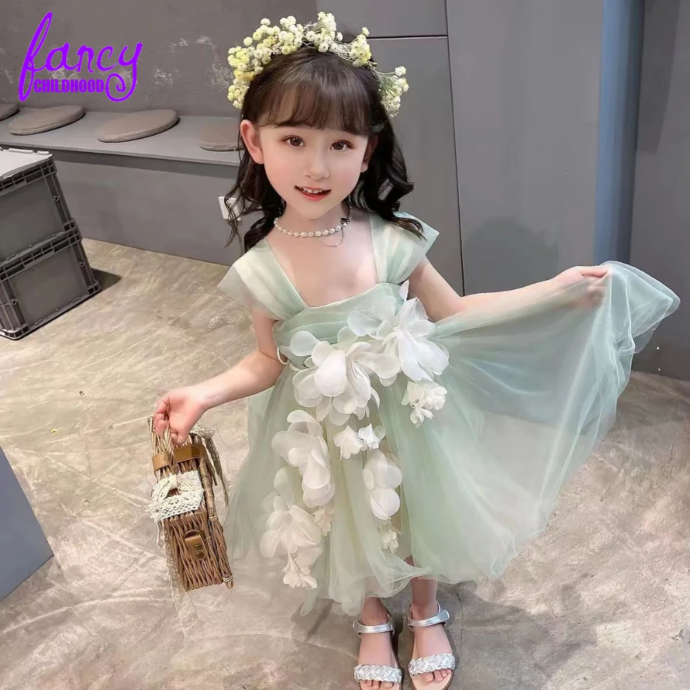 2023 Kids Tutu Birthday Princess Party Wear Lace Sage Green Girl Dress Children Bridesmaid Elegant Dress for Baby Girls Clothes