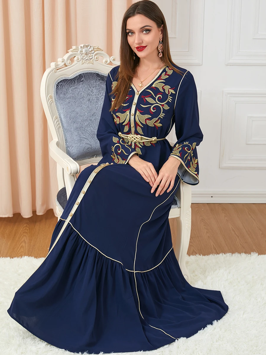 Ramadan Marocco Abito Donna Abaya musulmano Moda Dubai Abaya Ricamo con cintura Caftano Abiti da festa eleganti Abiti Primavera