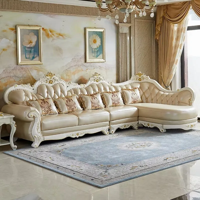 Can Be a Full Set with European Furniture Combination Solid Wood Carving Frame Leather Sofa Set