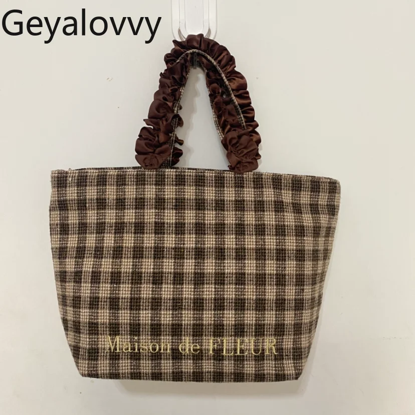 

Новая милая клетчатая шерстяная плиссированная повседневная сумка в японском стиле с вышивкой золотой нитью и сумки-тоут на молнии для женщин