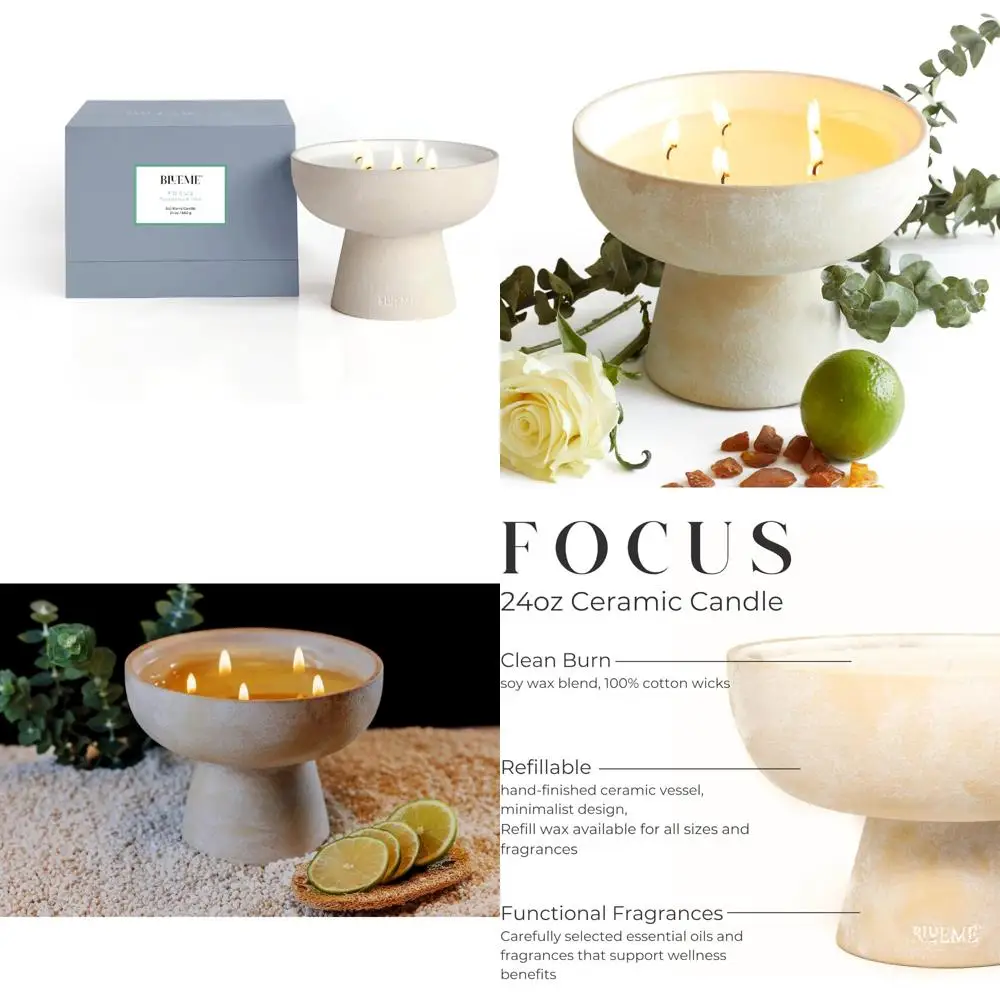 شمعة الصويا الفاخرة المصنوعة يدويًا مع الزيوت العطرية للأوكالبتوس والليمون، 5 فتائل، فتيل قطني، حاوية سيراميك، بيني للعلاج العطري