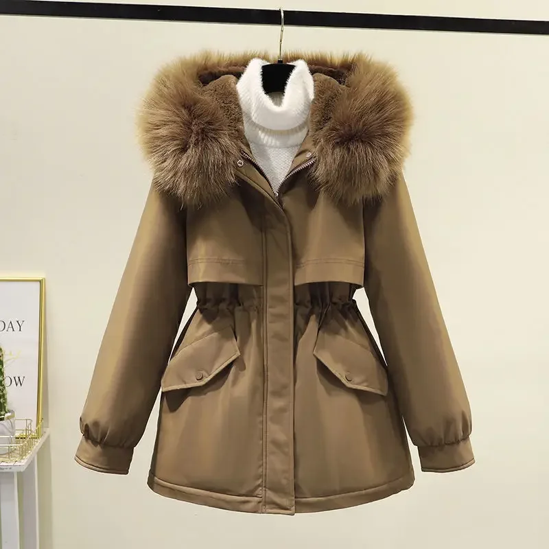 Abrigos de longitud media de manga larga para mujer, Parkas ajustadas de cintura alta, chaquetas casuales con bolsillos, Cuello de piel con cremallera, otoño e invierno, 2023