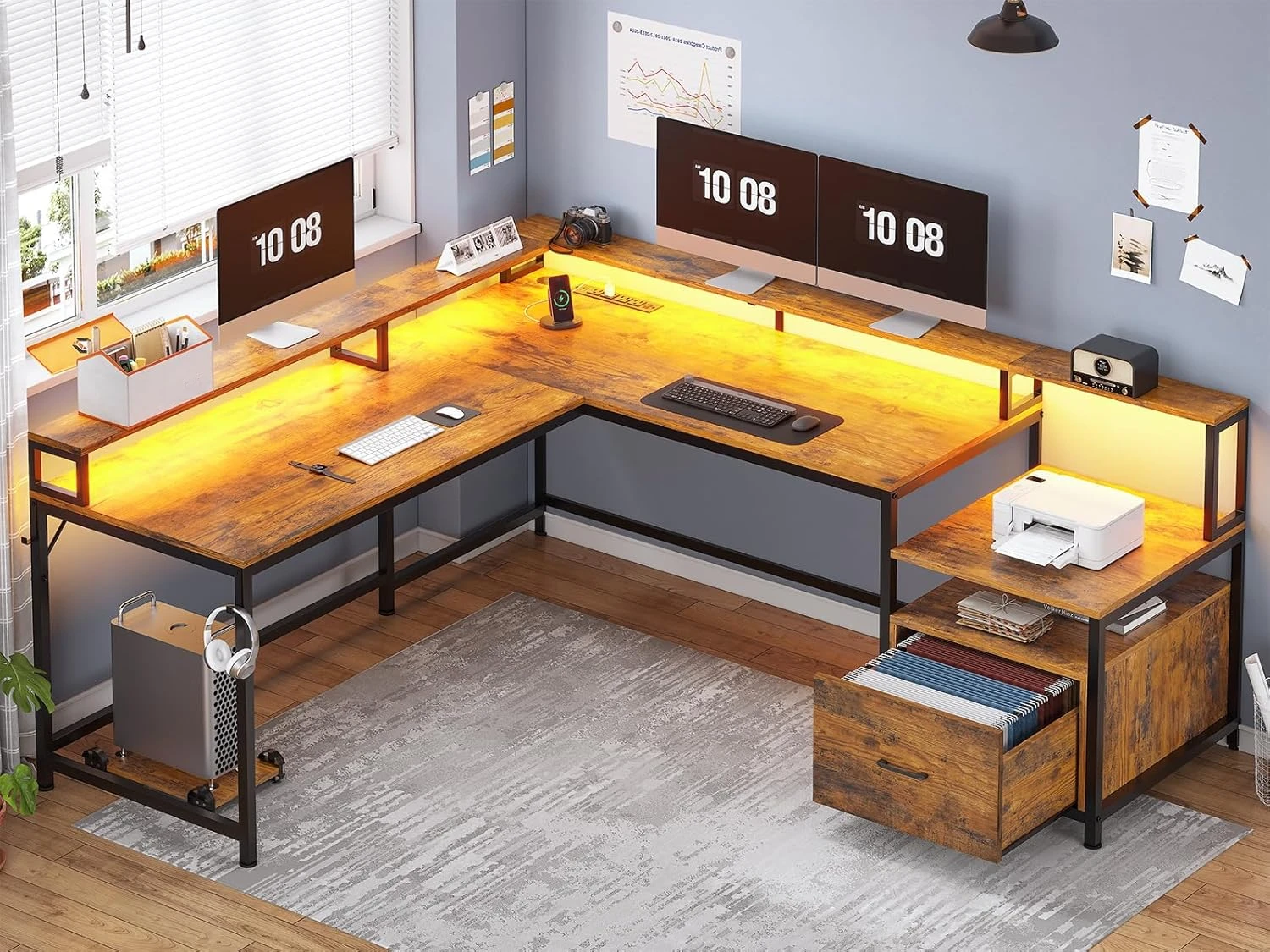 L-shaped office desk, 66 inch home desk with file drawers and power sockets, double desk, country brown