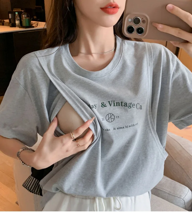 T-shirt d'Allaitement en Coton Blanc Uni pour Femme Enceinte, T-shirt de Grossesse d'Été, Lettres Imprimées