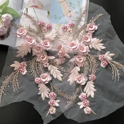 1Pcs Lace Patch Mesh Net Embroidery Fabric Beaded 3d Flower Applique Sewing Wedding Evening Baby Dress Clothing Accessory Diy