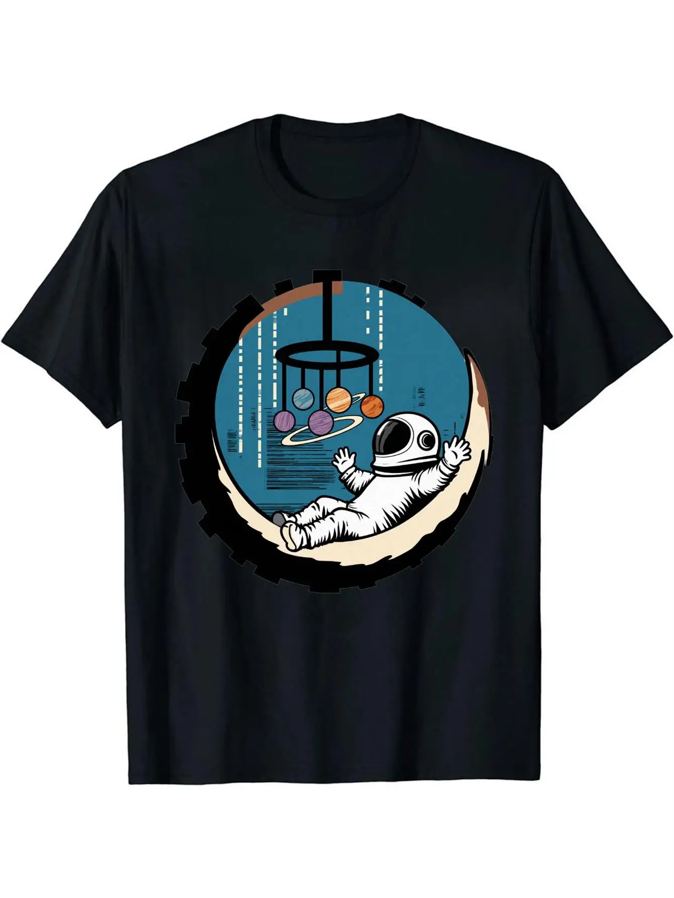 Retro Men's Black Graphic T-Shirt Astronaut Crescent Moon Planet Mobile Space Orbit Vintage Illustration 100% Cotton Heavyweight Short Sleeve Casual Streetwear Tee