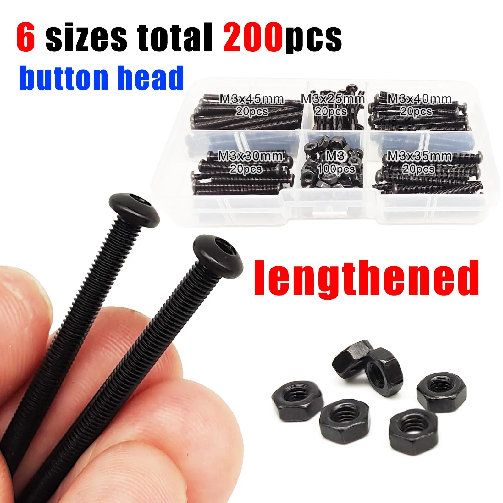 200pcs/box Long M3 Allen Hexagon Hex Socket Head Cap Button Countersunk Flat Thin Screw Bolt Nut Mix Set Kit Black Alloy Steel