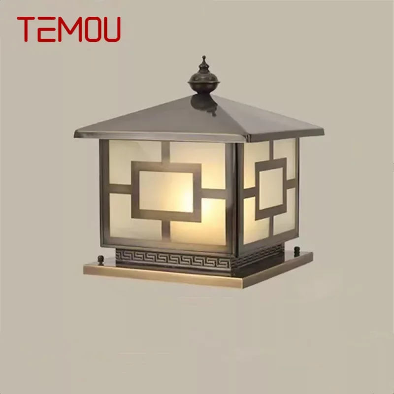 

TEMOU Outdoor Electricity Post Lamp Vintage Creative Chinese Brass Pillar Light LED Waterproof IP65 for Home Villa Courtyard