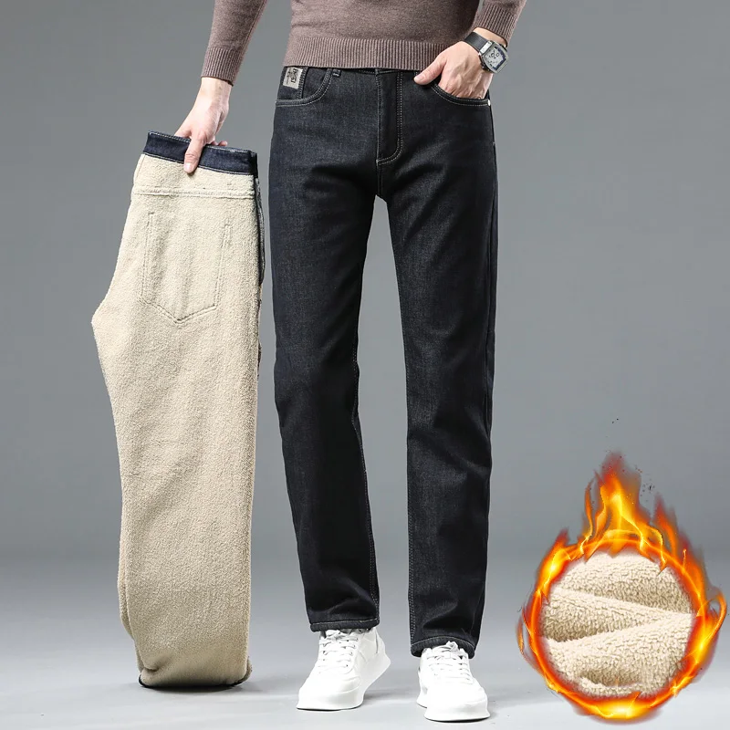 2024 inverno lana di agnello da uomo caldo Jeans Slim Fit Business Fashion addensare pantaloni in Denim pantaloni di marca elasticizzati in pile