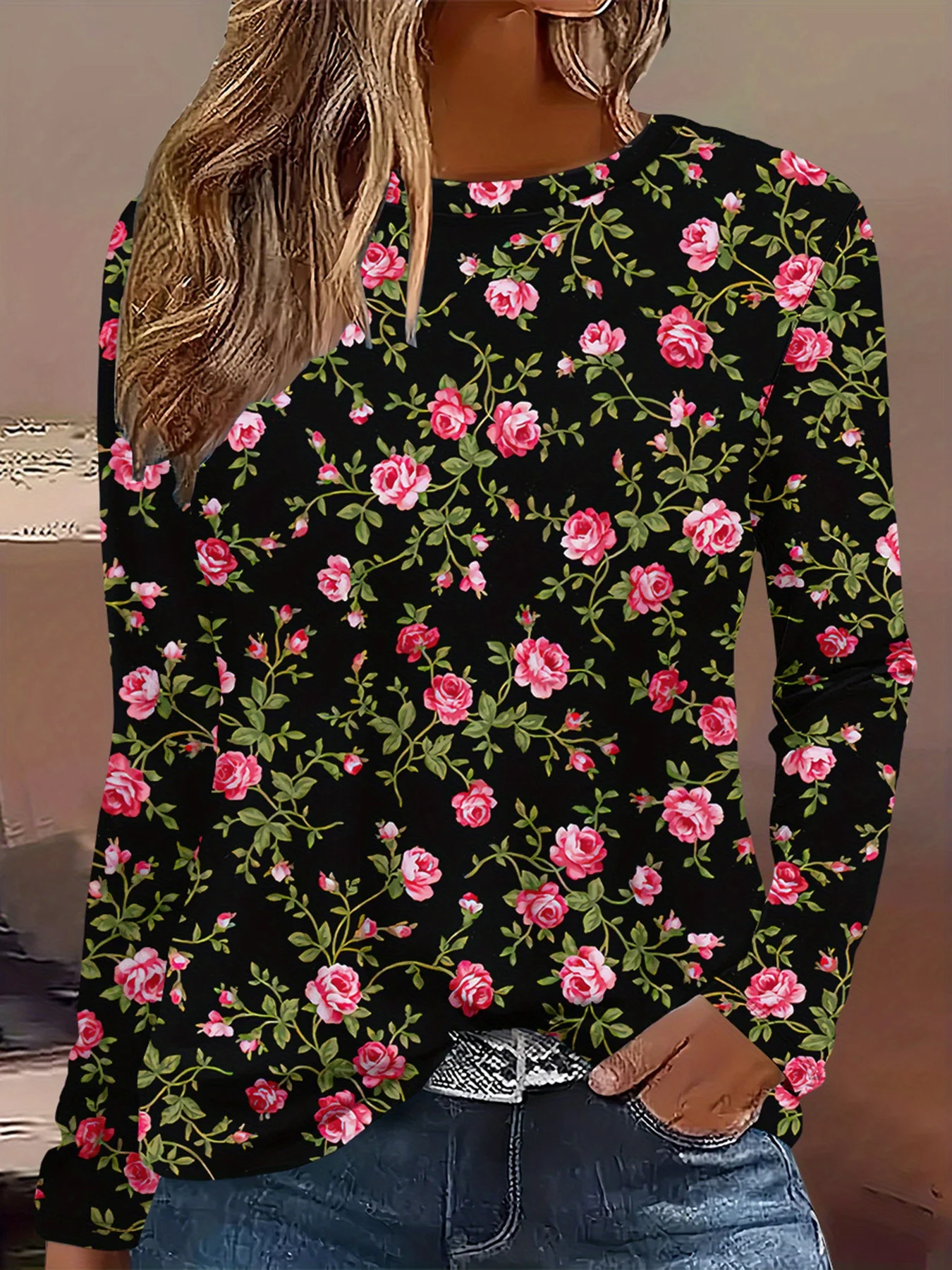 Women Crew Neck Long Sleeve T‑Shirt Black Background Pink Rose Floral Full Print Casual Loose Fit Ladies Daily Tops