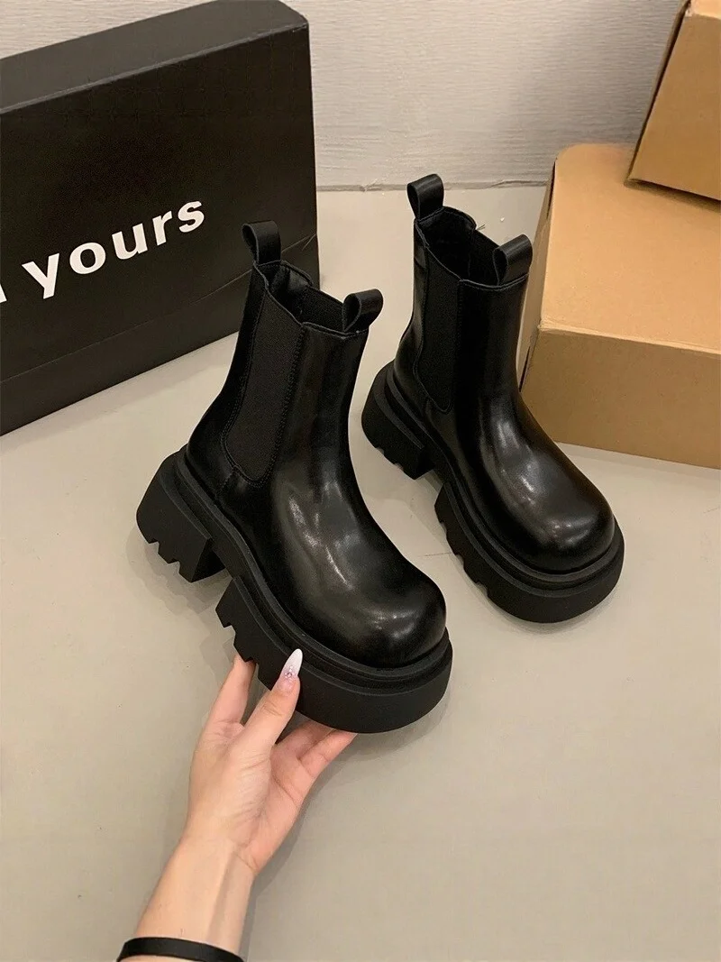 

Leather Thi Bot Boots Women's Spring New Briti Sle Chimney Boot Fce Chelsea ort Boots round Toe Mid-Calf