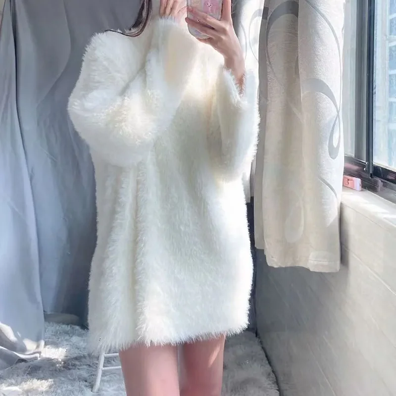 Chic Pullover Sweater Skirt Women Outer Wear Autumn Winter New Korean Loose High Neck Mink Medium Length Hip Knitt Sweater Tops