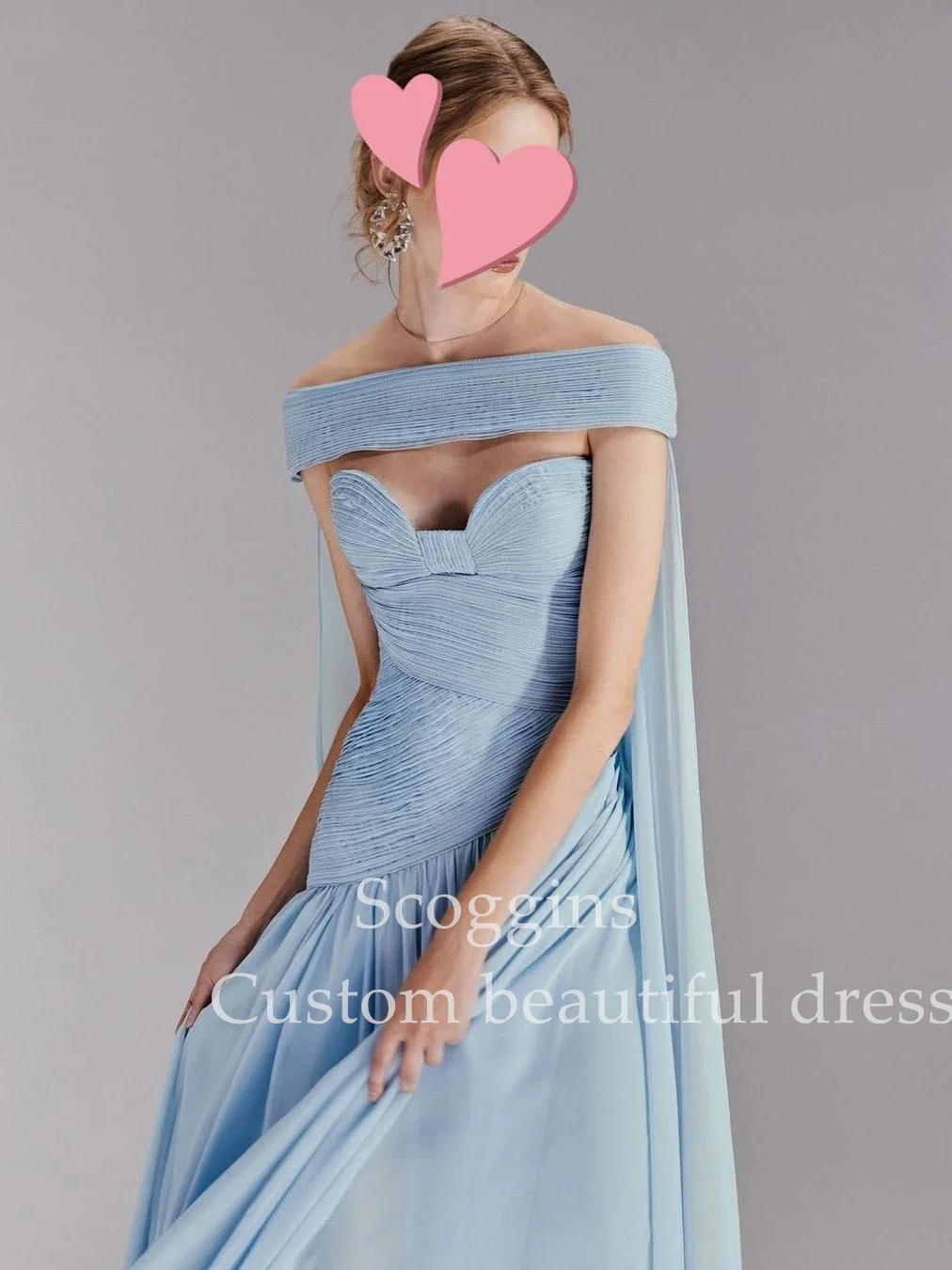 Scoggins Dress Elegant Vintage Sweet Blue Ruffle Boat Neck Cape Spring Customize Formal Occasion Prom Dress Evening Party Gowns