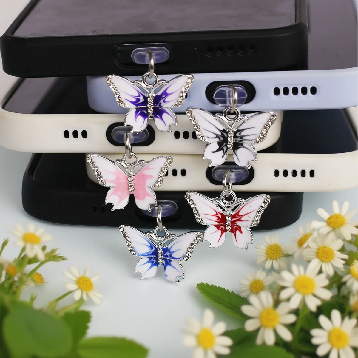 

Multi Colored Crystal Stone Butterfly Phone Dust Plug Hanging Pendant Accessories Decoration For Iphone For Samsung Type-c