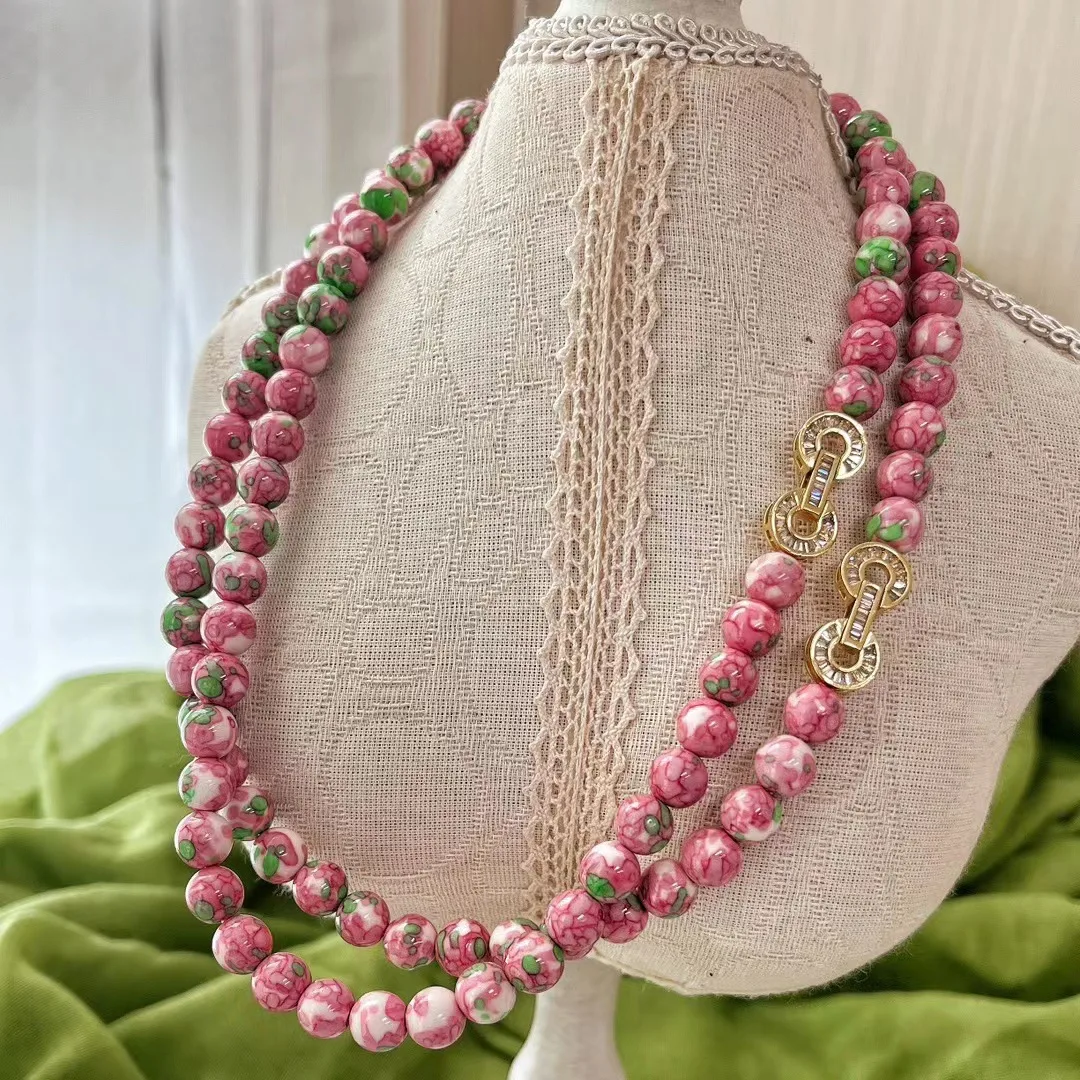 

Retro Pink Green Glazed Ceramic Bead Necklace Women's Atmosphere Necklace Necklace