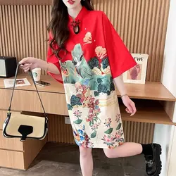 Temperament Printing Summer New Women's Stand Collar Hollow Out Frog Fashion Versatile Loose Short Sleeve Mid Length Dress