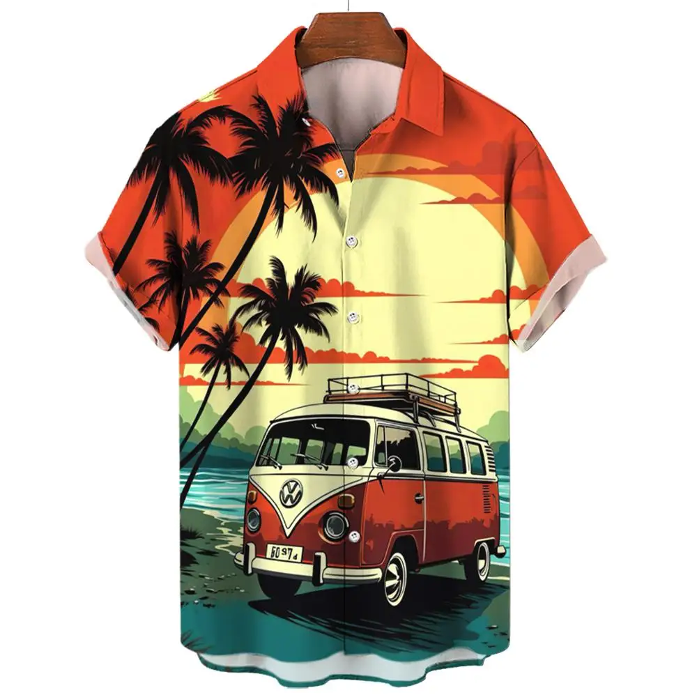 Vintage Men\'s Shirt For Men Short Sleeve Tops Beach and cars 3d Print Shirt Summer Sweatshirt Tees Designer Men\'s Clothing