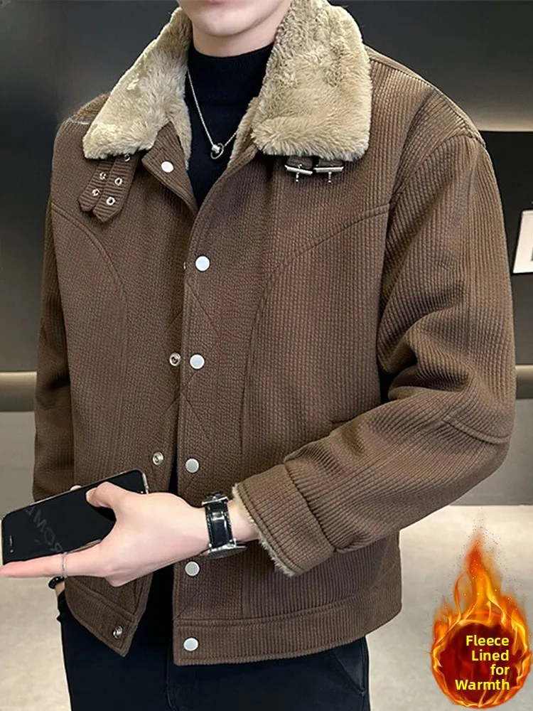 

Мужское зимнее пальто из вельвета с отложным воротником, утепленное, молодежное, повседневное, из полиэфирного волокна, с длинными рукавами