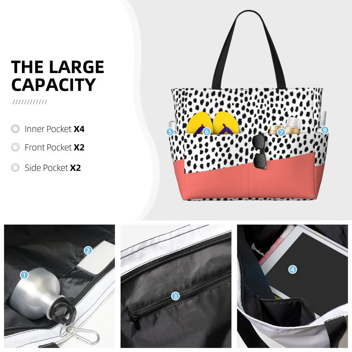 Dalmatian Spots With Coral Stripe Beach Travel Bag, Tote Bag Trendy Large Capacity Out Shoulder Bag Multi-Style Pattern