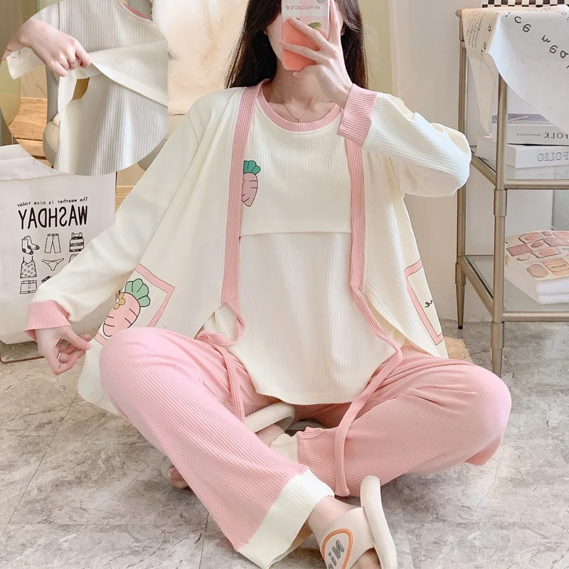 

3pcs/set Maternity Pajamas Suits for Nursing Fashion Print Lactation Tops+Long Sleeve Coats+Long Trousers Pregnancy Clothes Set