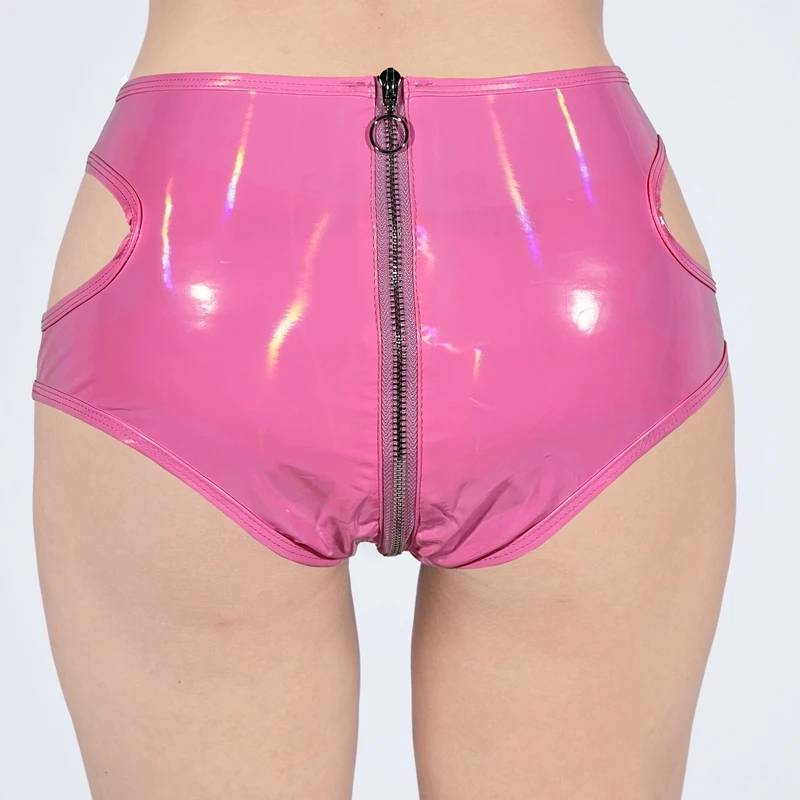 Frauen Ring Reißverschluss Schritt Rosa Slips Lackleder Shorts Niedrige Taille PVC Höschen Unterwäsche Club Party Pole Dance Kostüm Neu