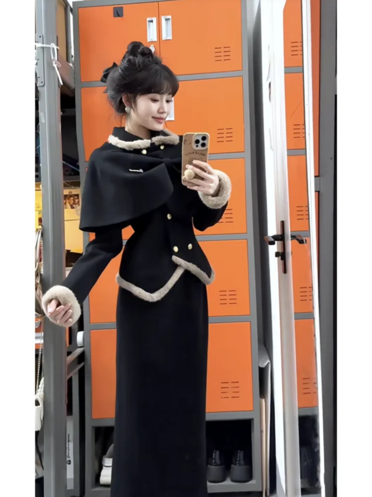 Inverno conjunto de três peças feminino estilo menina rica design destacável capa manga longa casaco cintura alta magro ajuste saia outfit